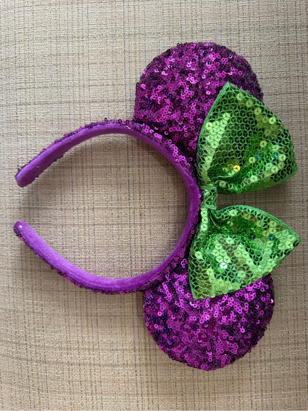Disney Purple Sequin Minnie Ears Headband with Green Bow